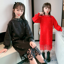 Childrens clothing girls autumn and winter New lace stitching split long pearl bottoming sweater dress