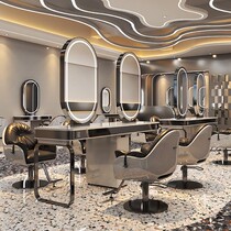 Net red barbershop marble mirror table double-sided six-sided stainless steel hair cutting and perming table hairdressing shop mirror table with cabinet