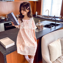 Girls Pajamas Pure cotton Childrens summer thin short-sleeved girl baby summer big child parent-child home dress sleeping dress princess