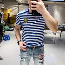 2020 Stretch Slim casual handsome casual Handsome print Stripe slim mercerized cotton short sleeve T-shirt men
