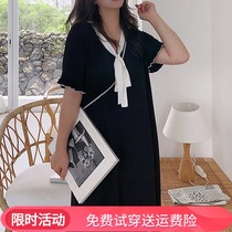 Li Xiaoxi fat mm waist showing thin bow tie dress spring womens large size loose meat temperament small black skirt