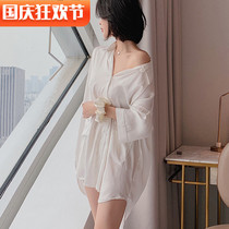White shirt nightgown women Summer Ice Silk thin sexy feminine boyfriend wind long dress silk home clothes can be worn outside