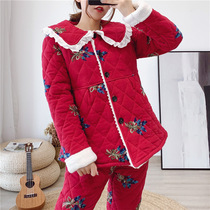 Pyjamas ladies Winter three-layer thickened clip cotton Korean version sweet and beautiful coral suede big code loose cotton padded jacket jacket