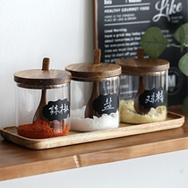 Japanese Acacia wood glass seasoning jar set with wooden spoon Kitchen household salt jar Seasoning jar three-piece set