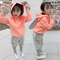 Spring and Autumn Girls Set Baby Net Red foreign gas baby childrens clothing personality Tide brand rabbit ear hooded sweater pants