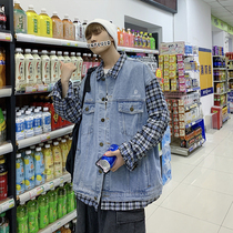 Splice Plaid sleeve fake two denim jacket mens trend Japanese ins harbor wind Joker loose tooling jacket