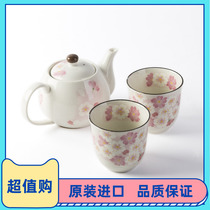 Japanese tea set ceramic blue Mino-yaki ceramic teapot Teacup set Household Sakura Can Can afternoon tea import