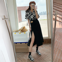 Black side fork denim skirt skirt womens high waist a-shaped thin bag hip long 2021 new dress