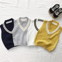 2021 New Autumn Boys and Girls College Wind Pure Cotton Line Knitted Vest Kids V-collar Shoulder Baby Vest 3