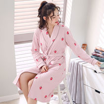 Nightgown Womens spring and autumn cotton pajamas Long-sleeved summer yukata Mid-length thin home clothes Yukata morning robe