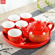 Wedding tea set Wedding red household dowry teapot Chinese wedding product belt handle Ceramic tea cup