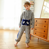 Childrens coral velvet pajamas autumn and winter boys flannel little boy home clothing set thick winter