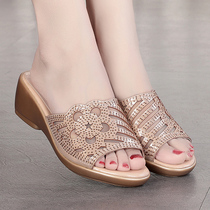 One-word slippers women wear slope heel flat fashion rhinestone casual sandals women Summer 2019 new size womens shoes