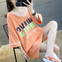 Large size long orange V-neck short sleeve T-shirt female summer loose Super fire cec Net Red large size half sleeve top tide ins