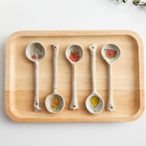 Strawberry cherry handmade ceramic tableware coarse pottery spoon Rice spoon soup spoon Creative cute hand-painted long handle porcelain spoon