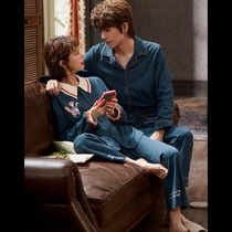 Couple pajamas womens spring and autumn pure cotton Korean cardigan can be version of the trend mens birth ins mens home service suit autumn and winter