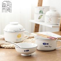 Instant noodle bowl with lid handle cute Japanese office worker lunch box ceramic rice bowl microwave oven student dormitory porcelain bowl