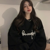 Sweater womens ins tide embroidery plus velvet thickened loose Korean white medium and long top autumn and winter 2020 New