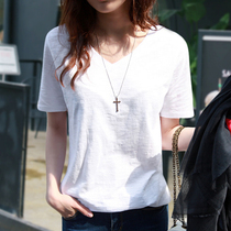 South Korea 2021 summer new bamboo cotton short sleeve T-shirt female Korean version wild loose size V neck cotton coat tide