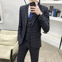Mens casual suit suit suit Korean Plaid slim business suit dress wedding groom dress three-piece set