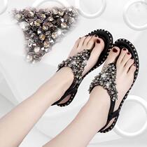 Tide brand 2021 new Rivet rhinestone sandwich toe sandals women sequins elastic band flat foot Roman size slippers