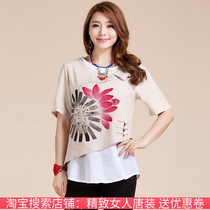 2021 new ethnic style short sleeve summer dress womens Tang top casual size round neck cotton linen T-shirt base shirt Women