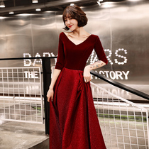 Toast dress bride 2021 wedding new strap large size thin one-word shoulder long red evening dress summer