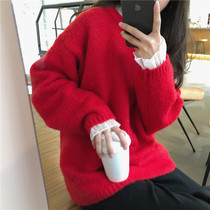 Lazy wind pullover mohair New year red sweater women loose wear 2021 autumn and winter New bottoming sweater