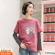  Long-sleeved t-shirt womens machine bottoming shirt with 2021 new spring top printed fake two-piece brushed