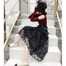 Black wavy point embroidered skirt womens 2019 Autumn New High waist slim Joker long organza skirt