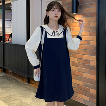 Pregnant women autumn doll collar stitching long sleeve dress 2021 new long size loose fake two dress