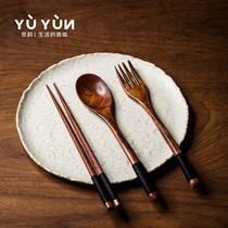 Yuyun wooden chopsticks spoon Fork three-piece set single student portable tableware chopsticks spoon set storage box Japanese