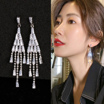 Geometric long tassel earrings womens sterling silver Korean elegant fashion high-end stud earrings net red super fairy bridal earrings trend