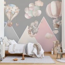 Customized mural cartoon childrens room wallpaper gray hot air balloon baby elephant princess room wall cloth girl kindergarten wallpaper