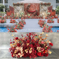 New wedding row flower props T table red silk flower row decoration Big Red Road flower wedding scene layout