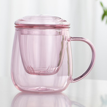 Pink glass glass female personal water Cup household tea separation tea cup with lid summer flower tea cup