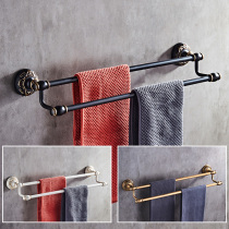 Towel bar non-perforated European double-pole toilet towel hanging nail-free space aluminum black towel rack 4050cm