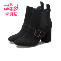 Zhuo Shini 2017 winter New Square head high heel boots belt buckle thick heel plus velvet womens boots 12671057