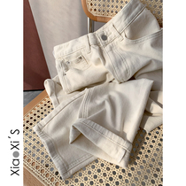 Little Hijijia) rice white spring autumn small child straight drum high waist elastic display slim 100 lap nine points Cowboy smoke pipe pants