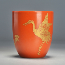 Lattice Collection Grade Coral Red Ground 24K Gold Pile Painting Fairy Crane Cups Tea Cup Masters Cup Jingdezhen Kung Fu Tea Set