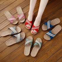 Summer home linen slippers for women Summer home indoor couples non-slip thick soled mens wooden floor sandals