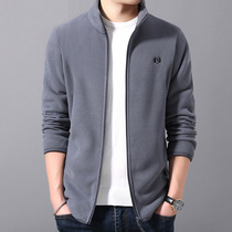Polar fleece jacket mens autumn and winter slim high-end trend plus velvet padded fleece sweater mens stand collar jacket