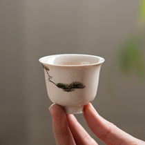 Chinese white pottery hand-painted tea drinking cup single cup retro home Songbai Bamboo Trail Ceramic Tea Cup Small Horn Kung Fu Tea Cup