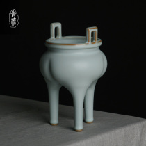 Dry Kun High Three Foot Square Ear Tripod Pendulum Piece Jingdezhen Ru Kiln Porcelain Ice Cracked Open Sheet Retro Home Decoration Handicraft