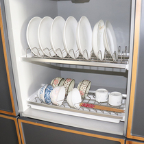 HOFFFNUNG stainless steel double decker dish rack kitchen cupboard hanging cabinet pull basket containing basket bowls disc set material drain rack