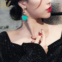 KV circle earrings Korean temperament retro harbor style 925 sterling silver needle plated 18K gold water drill nail drop female long model