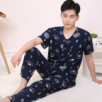 Summer men's short-sleeved trousers pajamas thin artificial cotton cotton silk suit uncollar undershirt dad's home clothes grandpa