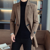  Hong Kong mens coat 2021 autumn and winter new Korean version of the trend of medium-length plaid suit mens woolen windbreaker