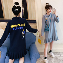 Pregnant Woman Lian Dress Spring Autumn Ocean Polo Collar T-shirt Long sleeves Fat mm Spring paragraph Personality Sweet and Tidal Mama Fish Tail Dress