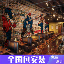 Hot Pot restaurant barbecue restaurant personality background wall wallpaper 3d European and American hip hop graffiti brick wallpaper